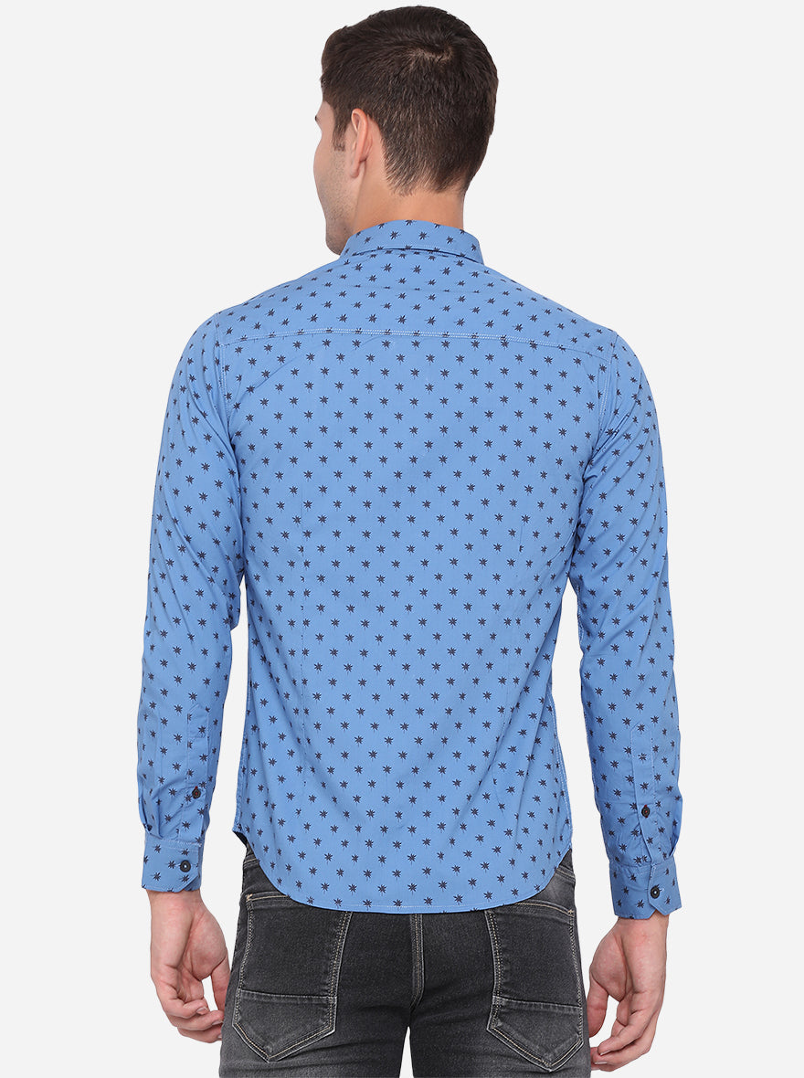 Campanula Blue Printed Slim Fit Semi Casual Shirt | Greenfibre