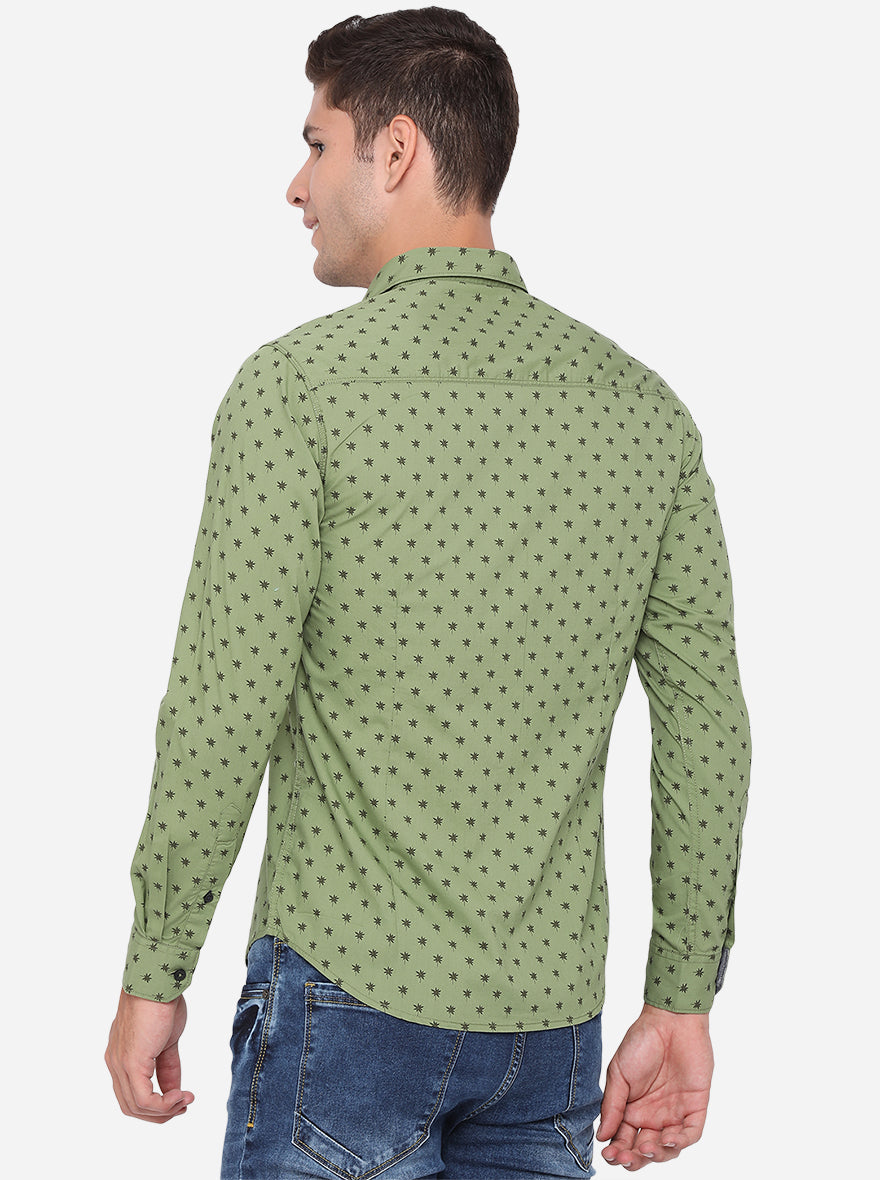Meadow Green Printed Slim Fit Semi Casual Shirt | Greenfibre