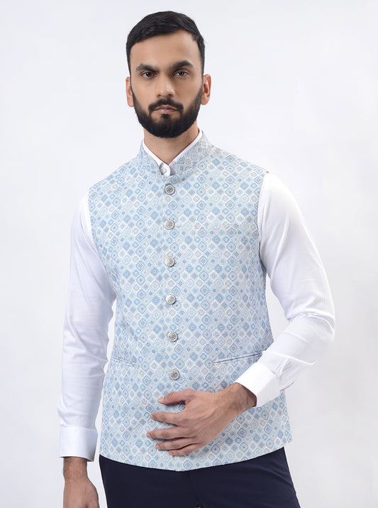 Light Blue Printed Regular Fit Bandhgala Jacket | Greenfibre