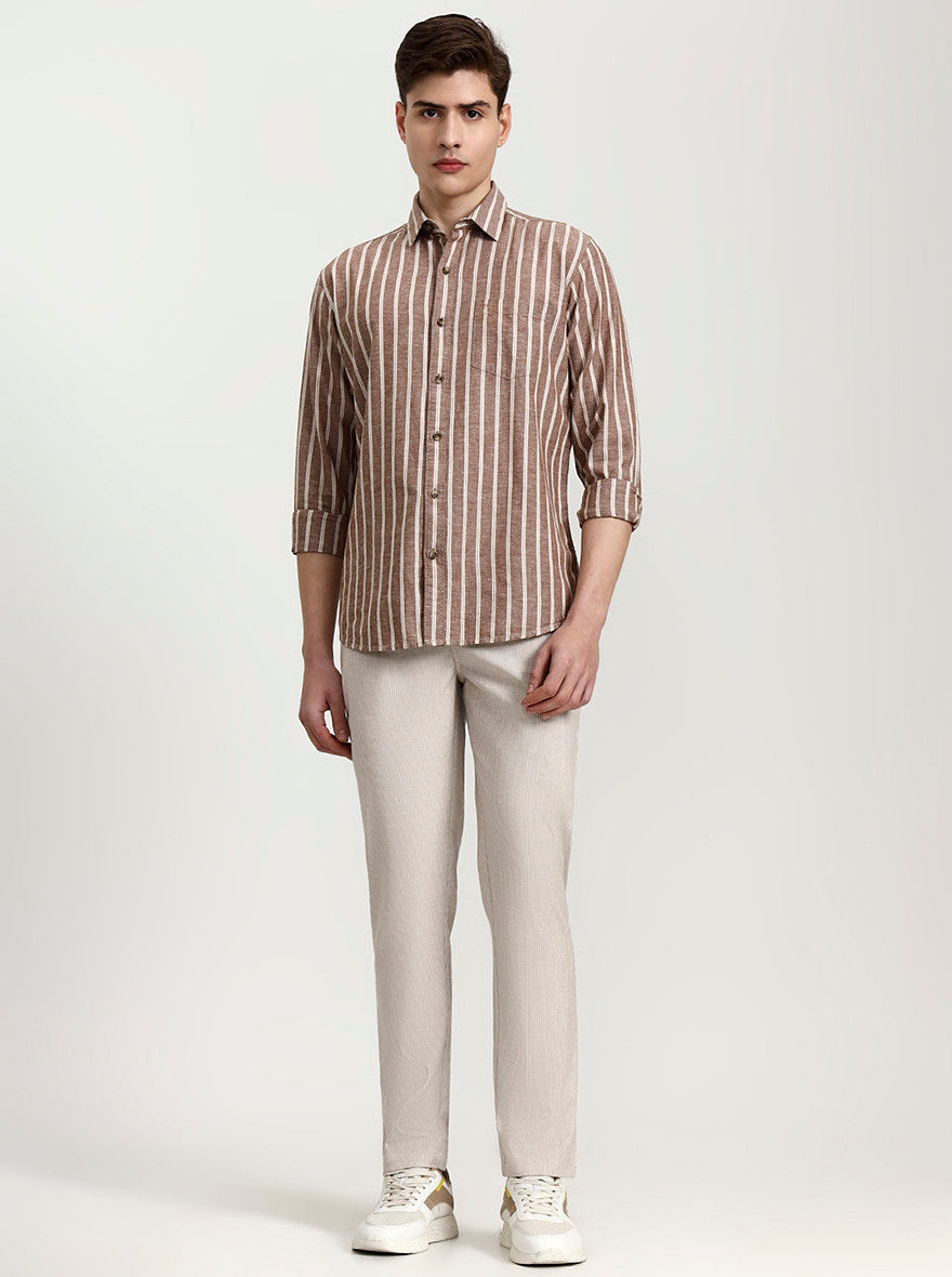Beige Striped Slim Fit Track Pant | Greenfibre