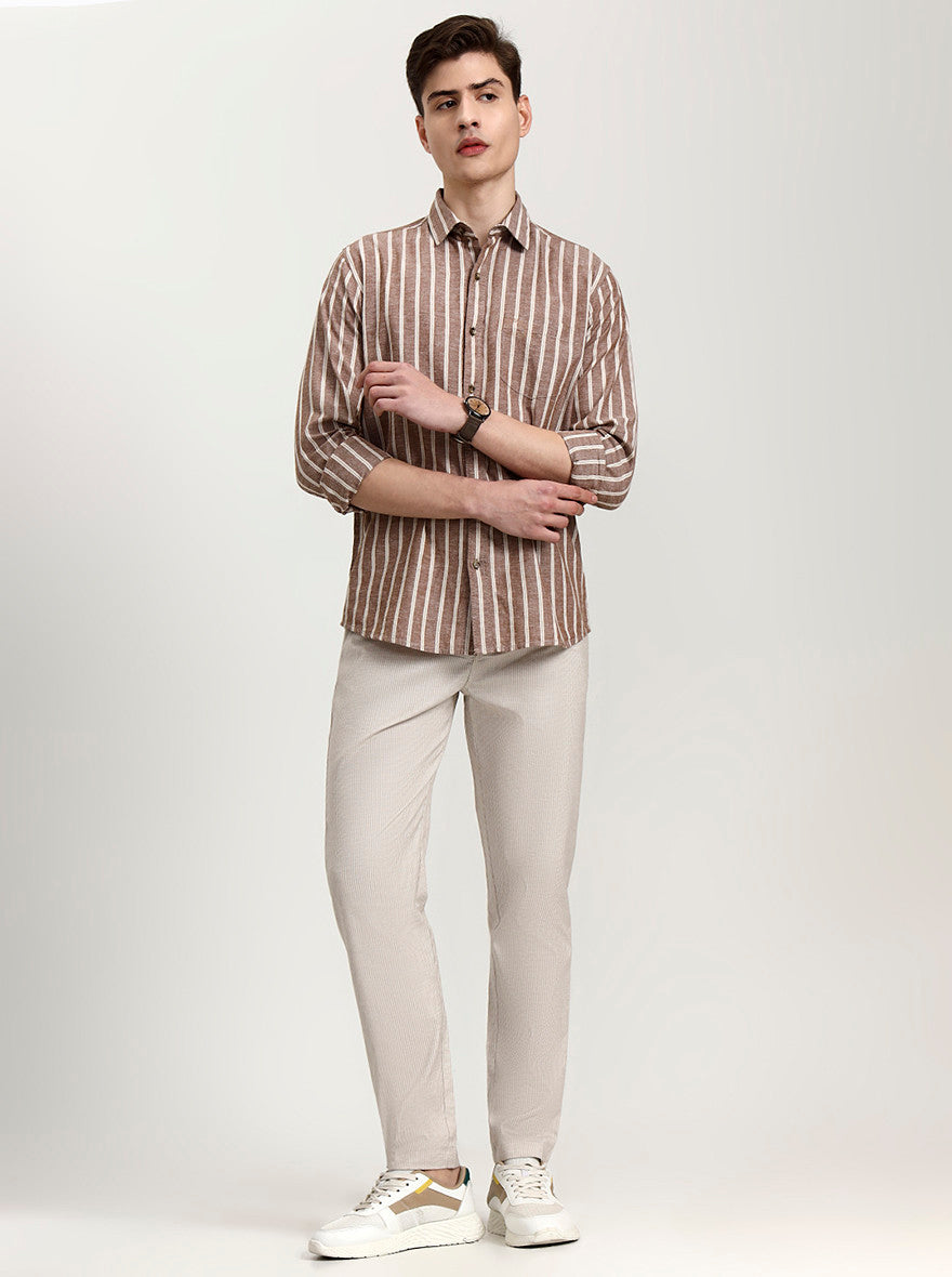 Beige Striped Slim Fit Track Pant | Greenfibre