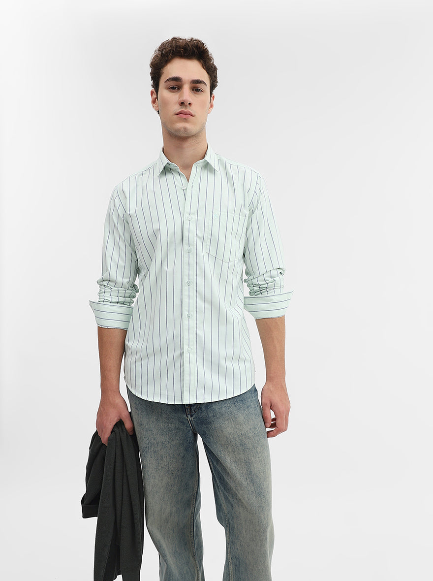 Light Green Striped Smart Fit Semi Casual Shirt | Greenfibre