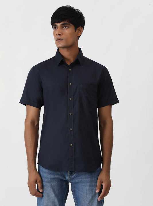 Navy Blue Solid Slim Fit Casual Shirt | Greenfibre