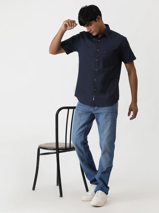 Navy Blue Solid Slim Fit Casual Shirt | Greenfibre