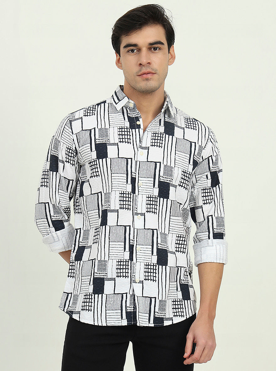White & Black Printed Slim Fit Casual Shirt | JadeBlue