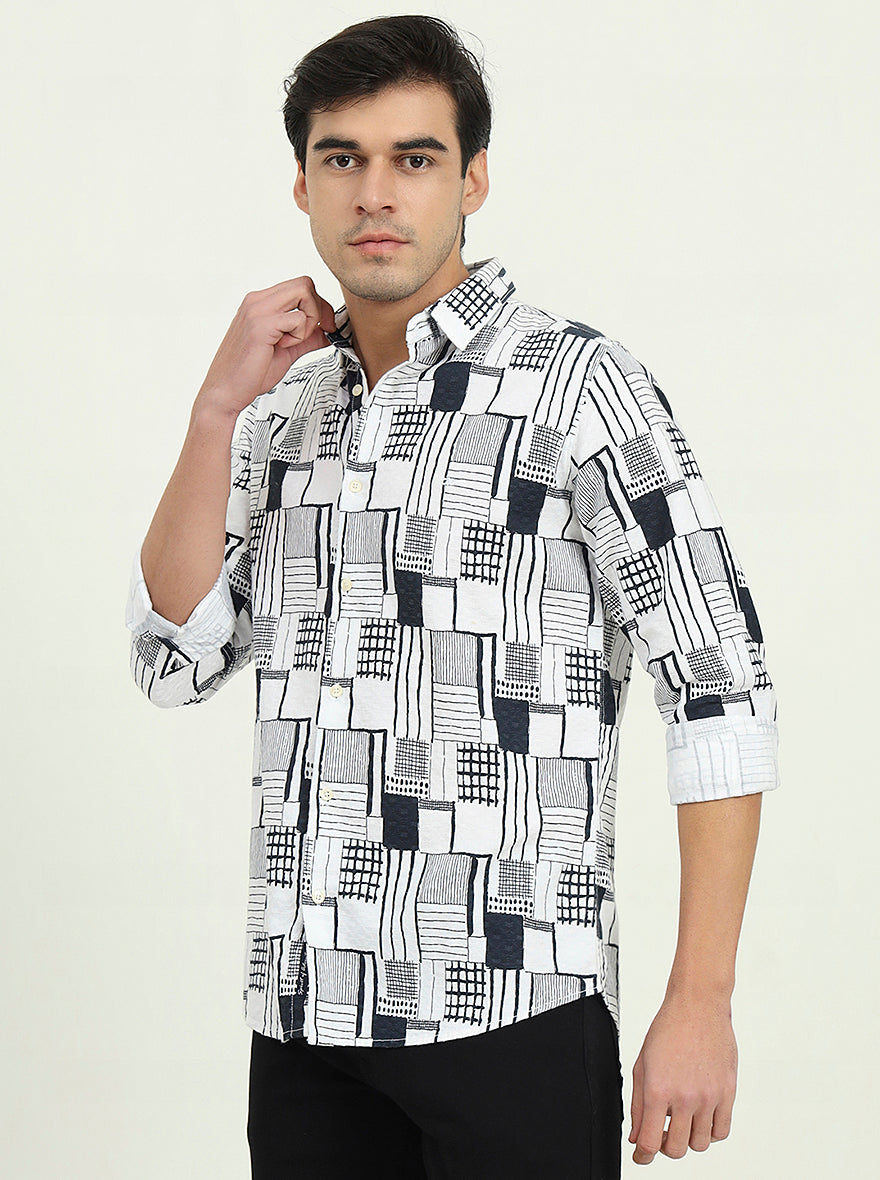 White & Black Printed Slim Fit Casual Shirt | JadeBlue