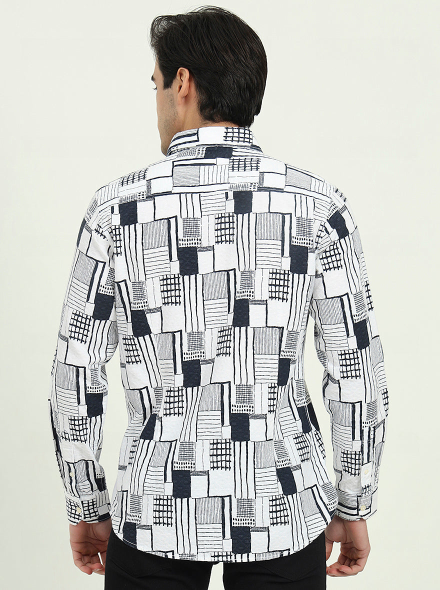 White & Black Printed Slim Fit Casual Shirt | JadeBlue