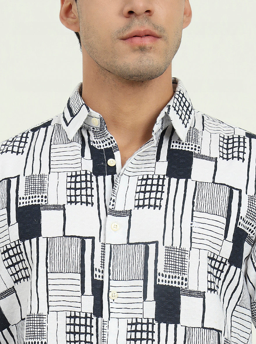 White & Black Printed Slim Fit Casual Shirt | JadeBlue