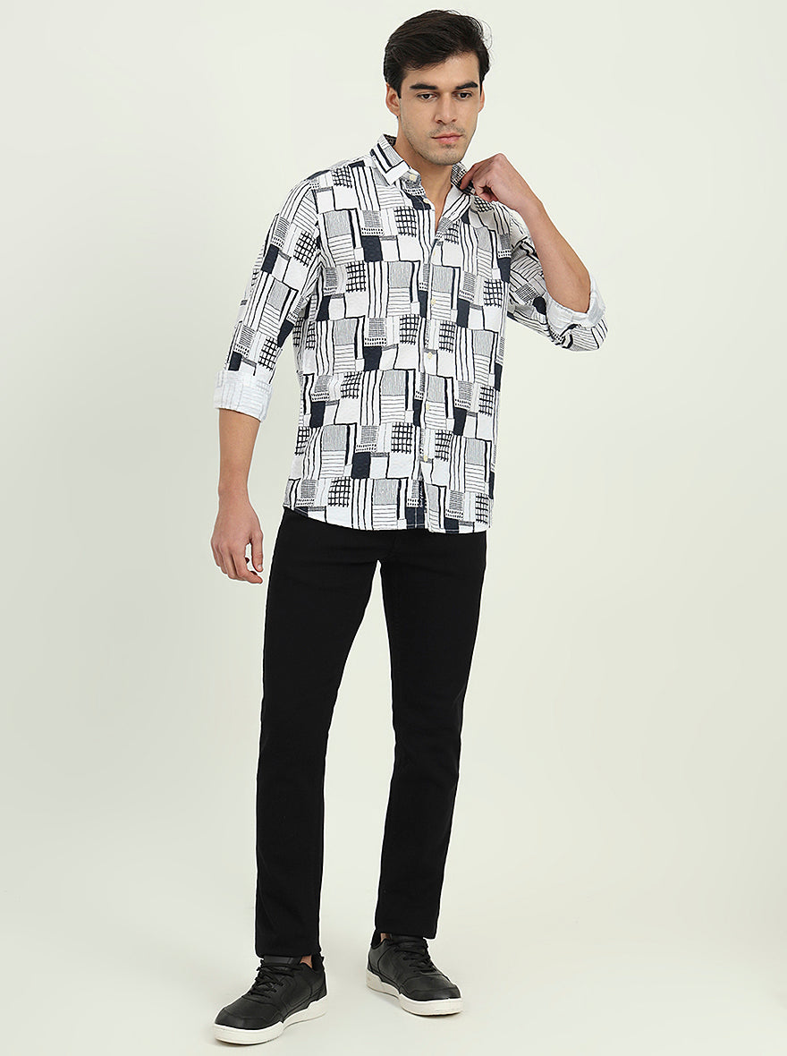 White & Black Printed Slim Fit Casual Shirt | JadeBlue