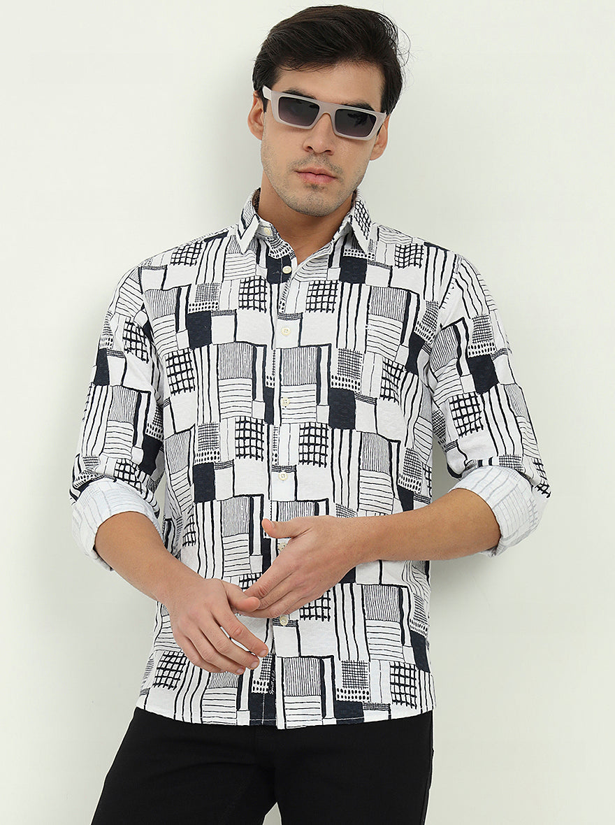 White & Black Printed Slim Fit Casual Shirt | JadeBlue