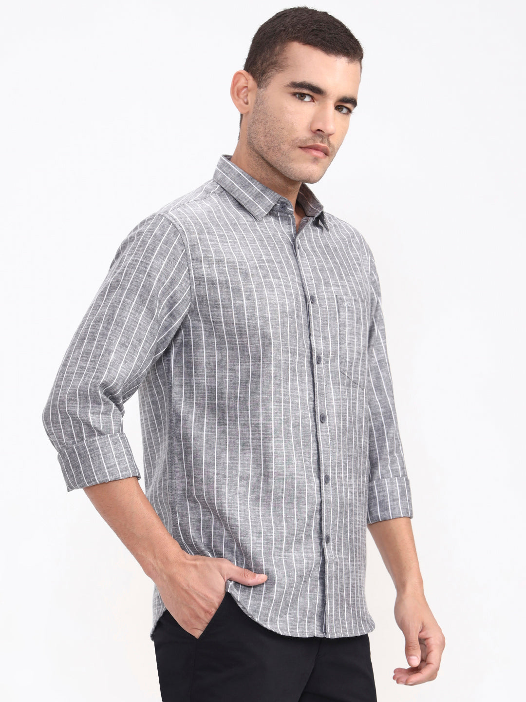 Grey Striped Slim Fit Casual Shirt | Greenfibre