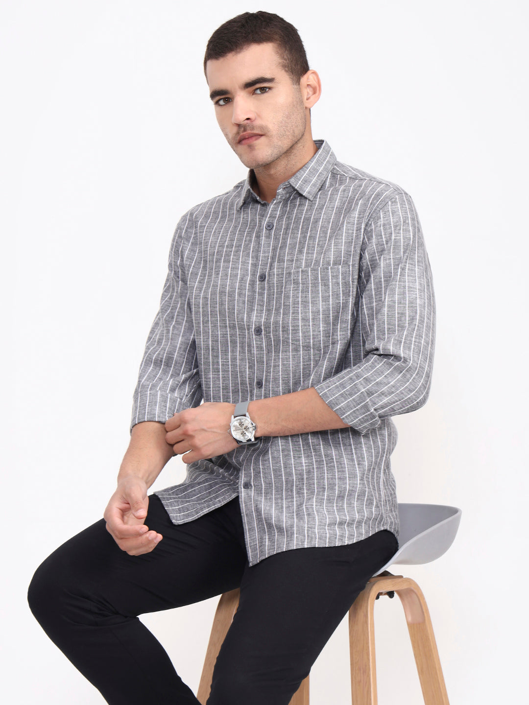 Grey Striped Slim Fit Casual Shirt | Greenfibre
