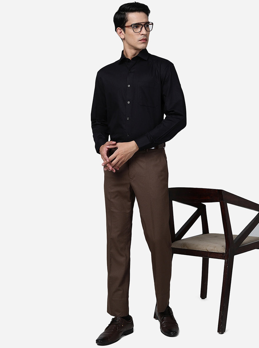 Brown Solid Slim Fit Formal Trouser | Greenfibre