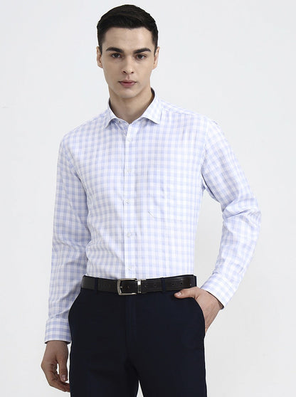 White & Blue Checked Regular Fit Formal Shirt | Greenfibre