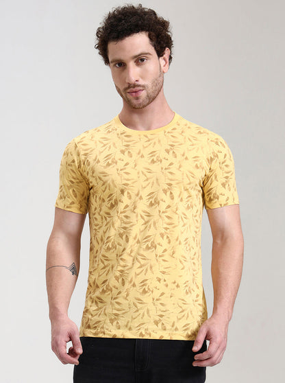 Buff Yellow Printed Slim Fit T-Shirt | Greenfibre