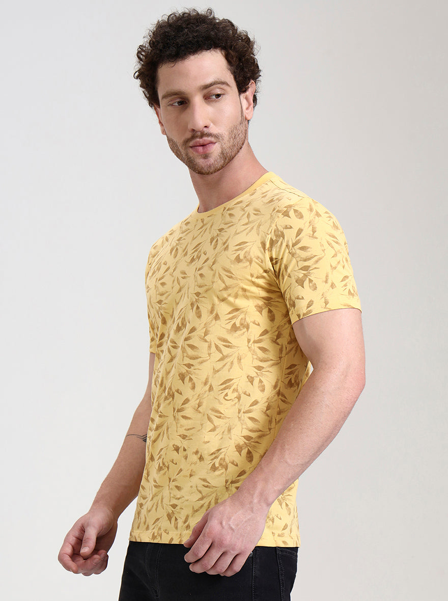 Buff Yellow Printed Slim Fit T-Shirt | Greenfibre