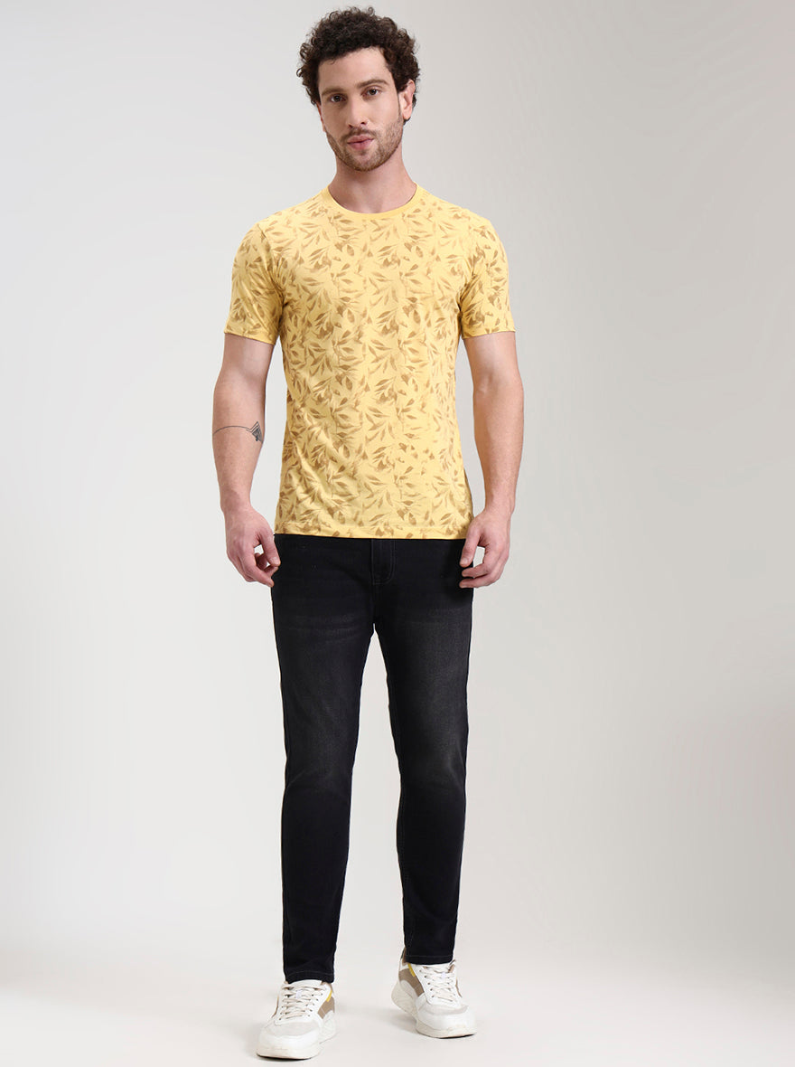 Buff Yellow Printed Slim Fit T-Shirt | Greenfibre