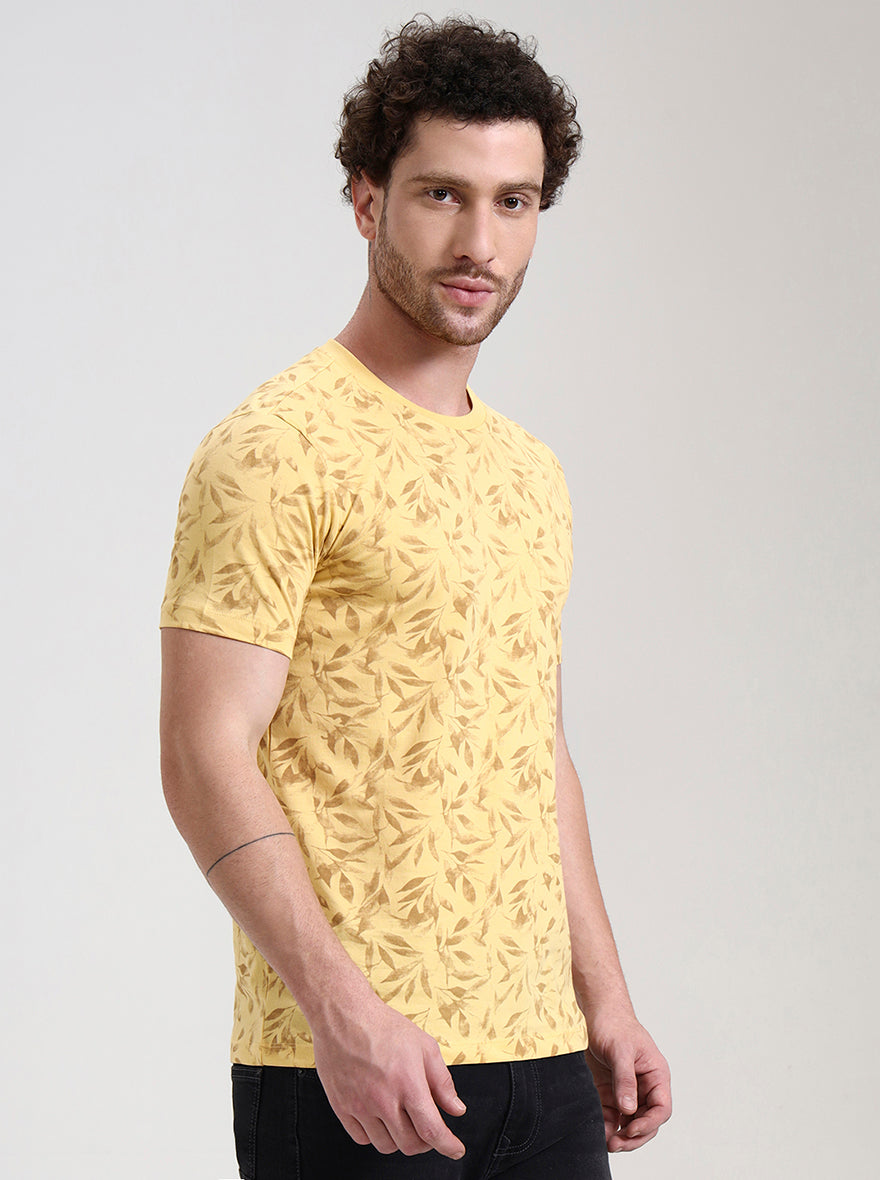Buff Yellow Printed Slim Fit T-Shirt | Greenfibre
