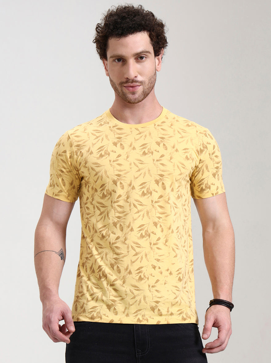 Buff Yellow Printed Slim Fit T-Shirt | Greenfibre