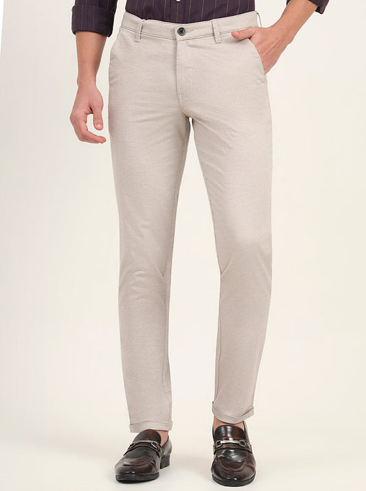 Cream Solid Slim Fit Casual Trouser | Greenfibre