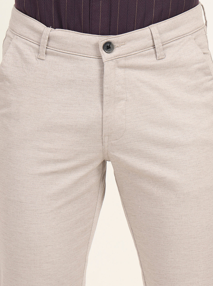 Cream Solid Slim Fit Casual Trouser | Greenfibre