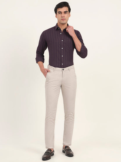 Cream Solid Neo Fit Casual Trouser | Greenfibre