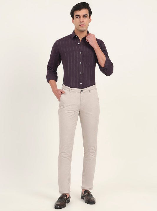 Cream Solid Slim Fit Casual Trouser | Greenfibre
