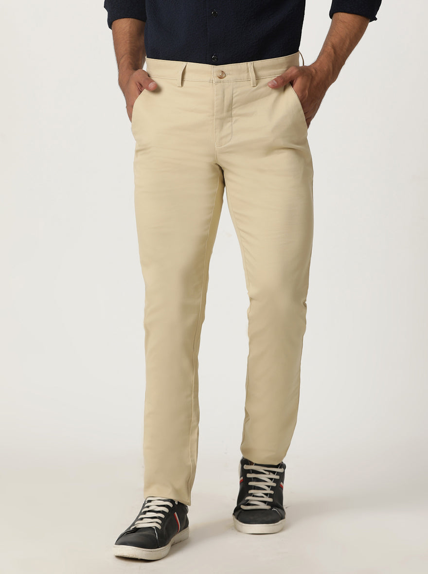 Beige Solid Slim Fit Casual Trouser | Greenfibre