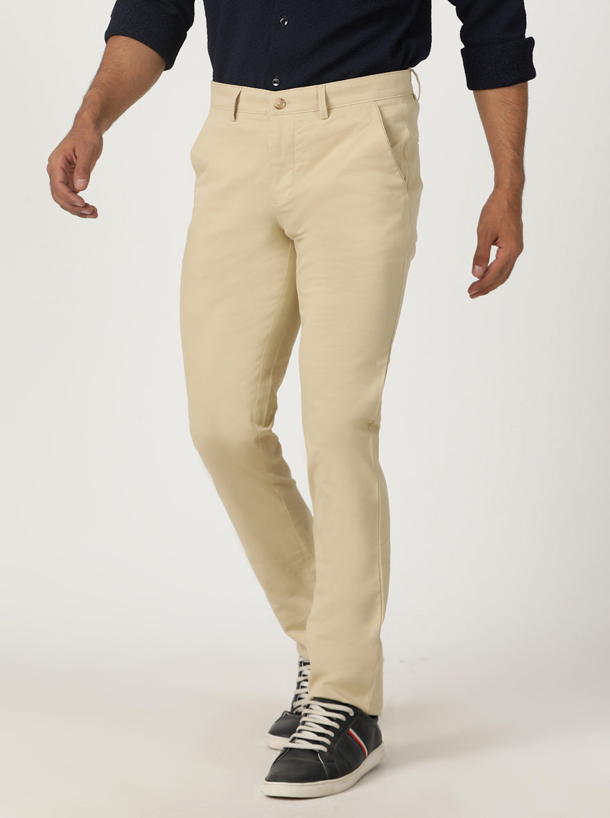 Beige Solid Slim Fit Casual Trouser | Greenfibre