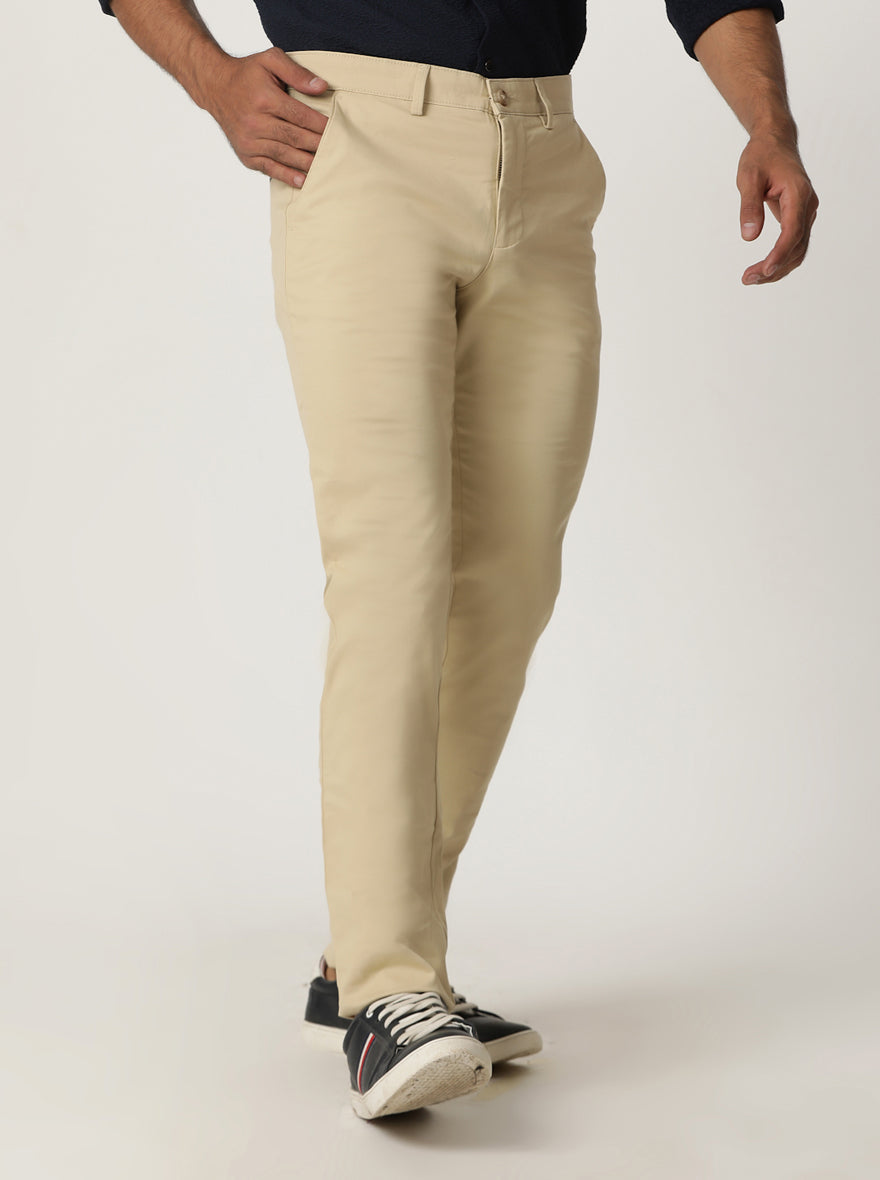 Beige Solid Slim Fit Casual Trouser | Greenfibre