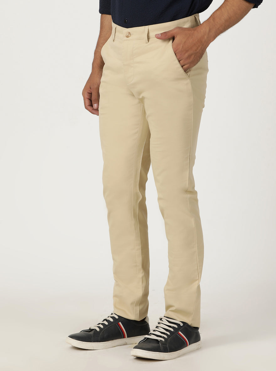 Beige Solid Slim Fit Casual Trouser | Greenfibre