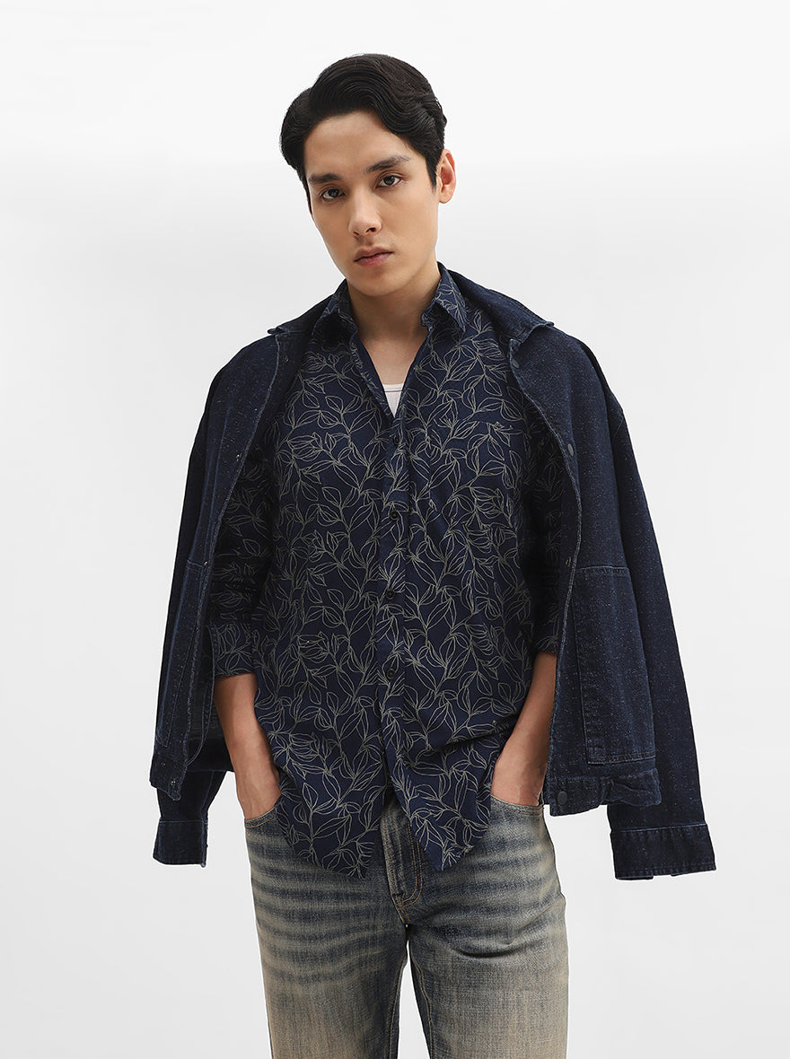 Navy Blue Printed Tailored Fit Semi Casual Shirt | Greenfibre