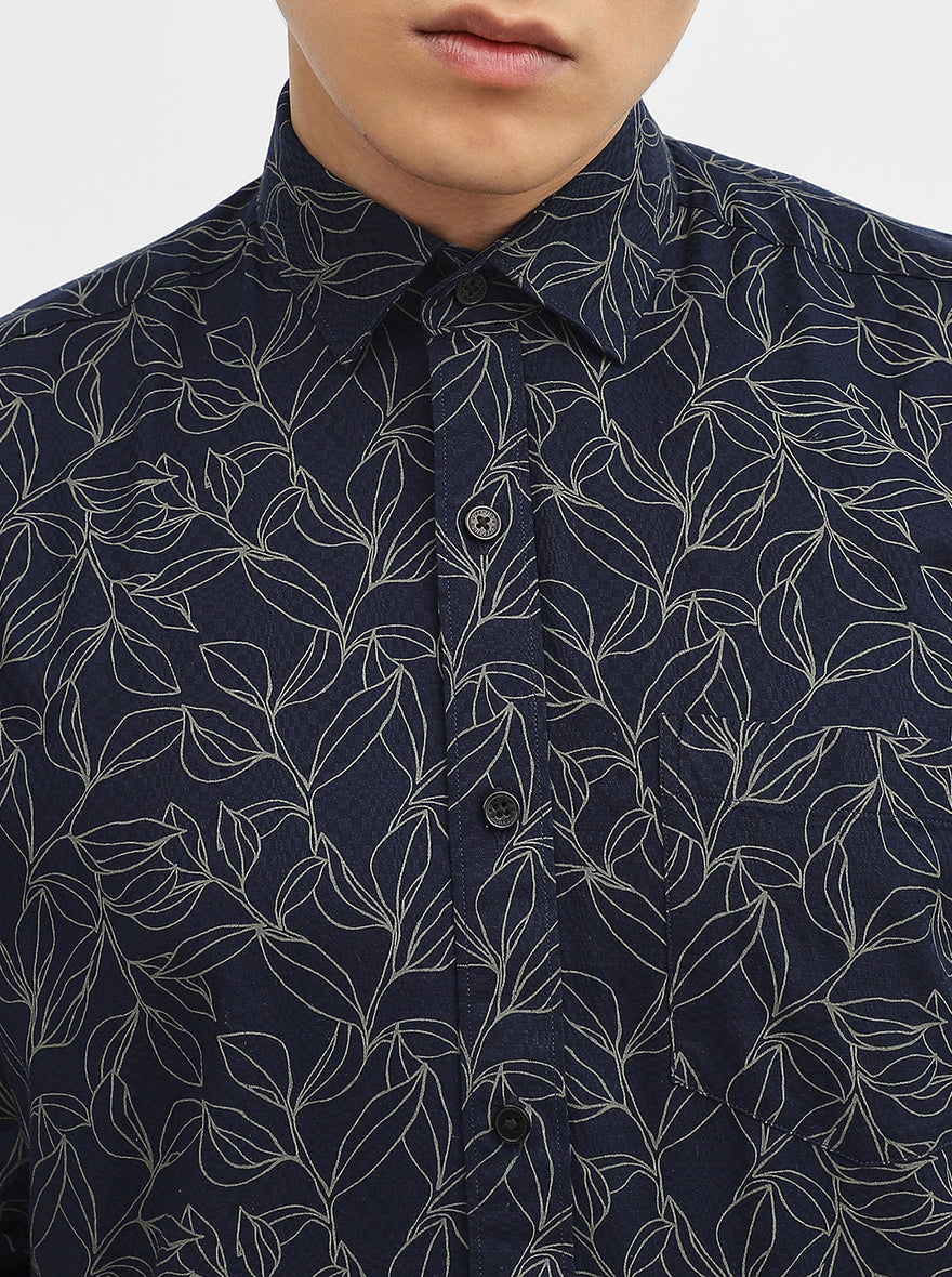 Navy Blue Printed Tailored Fit Semi Casual Shirt | Greenfibre