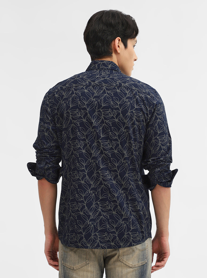 Navy Blue Printed Tailored Fit Semi Casual Shirt | Greenfibre