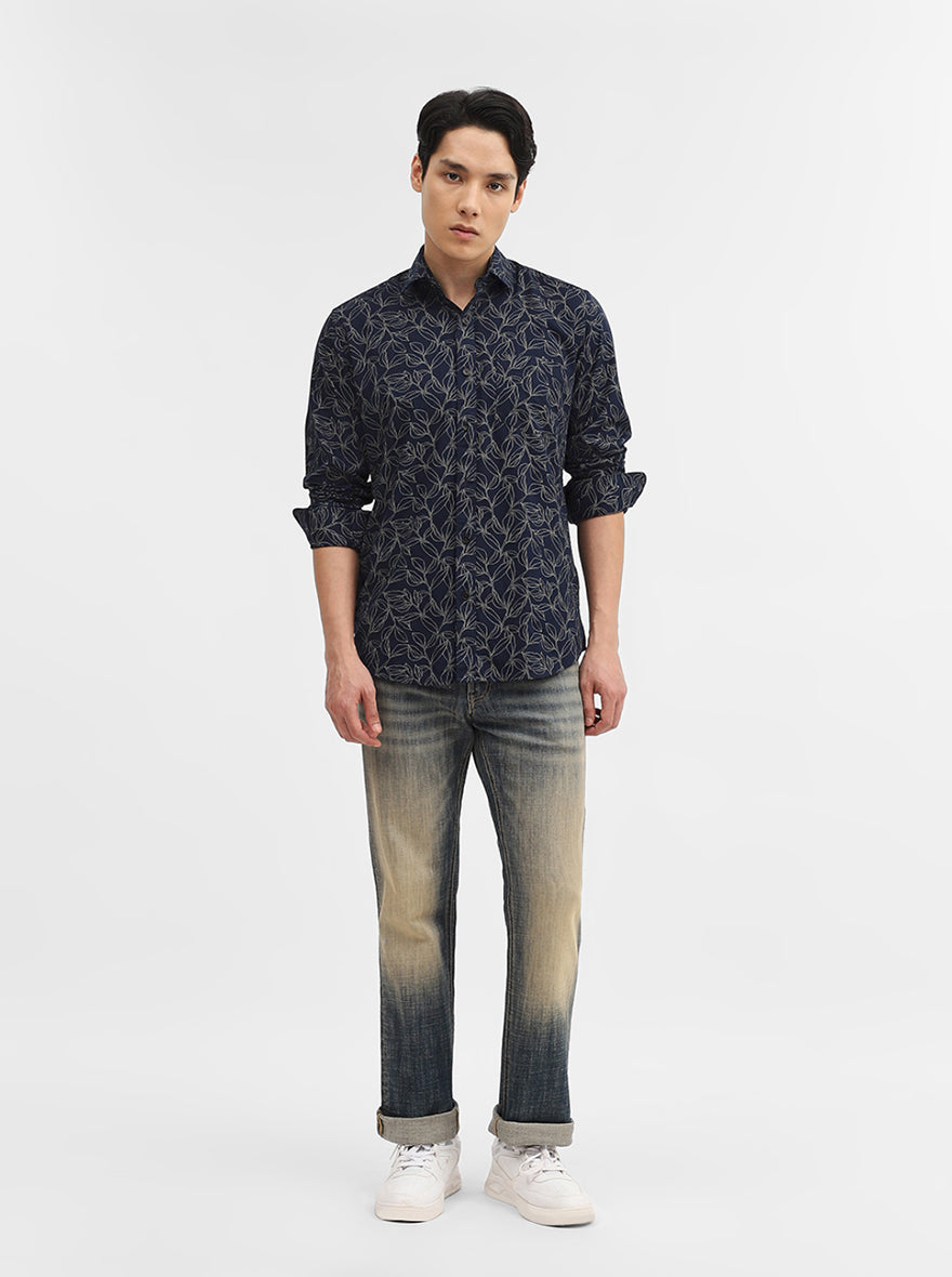 Navy Blue Printed Tailored Fit Semi Casual Shirt | Greenfibre