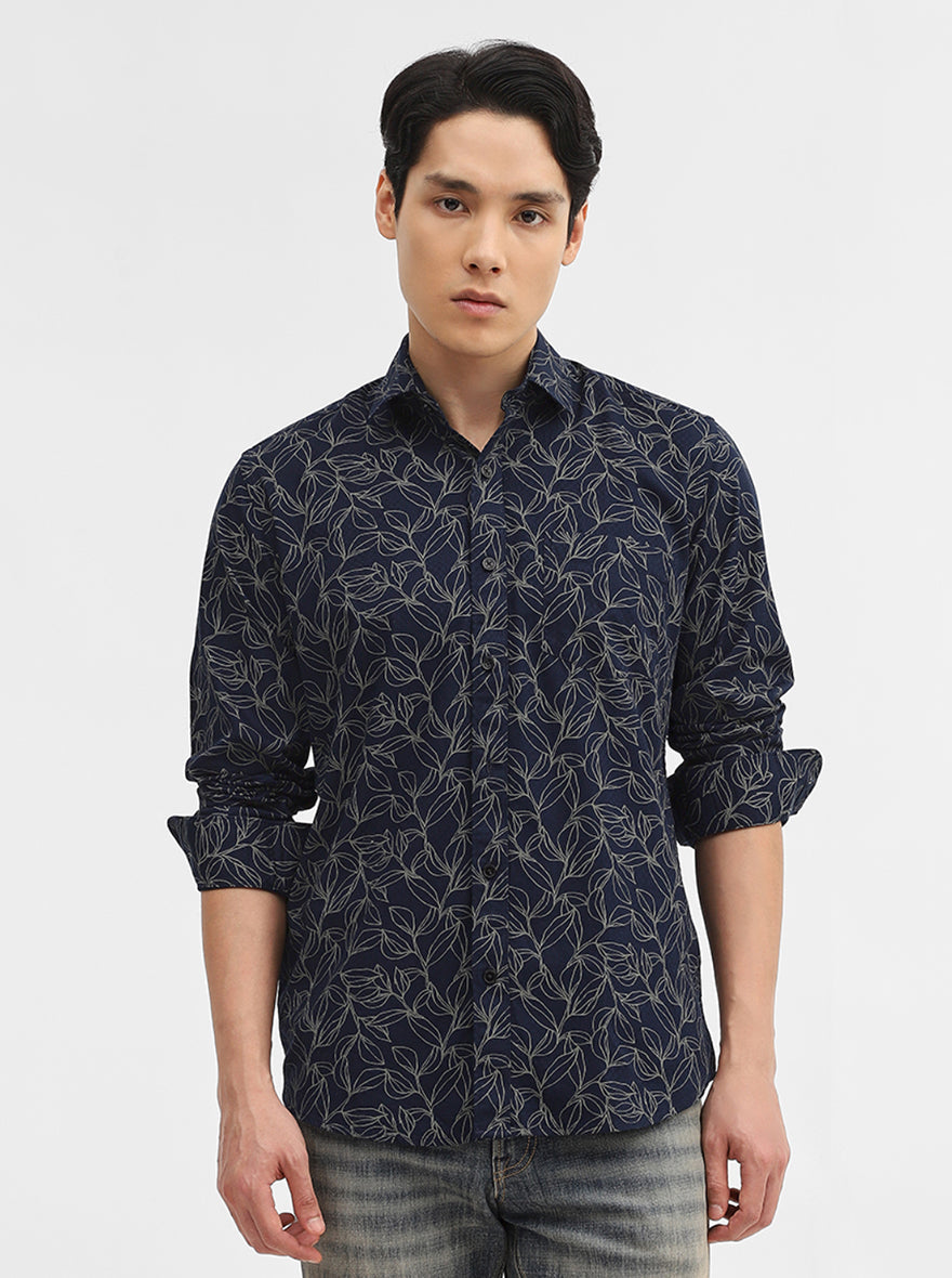 Navy Blue Printed Tailored Fit Semi Casual Shirt | Greenfibre