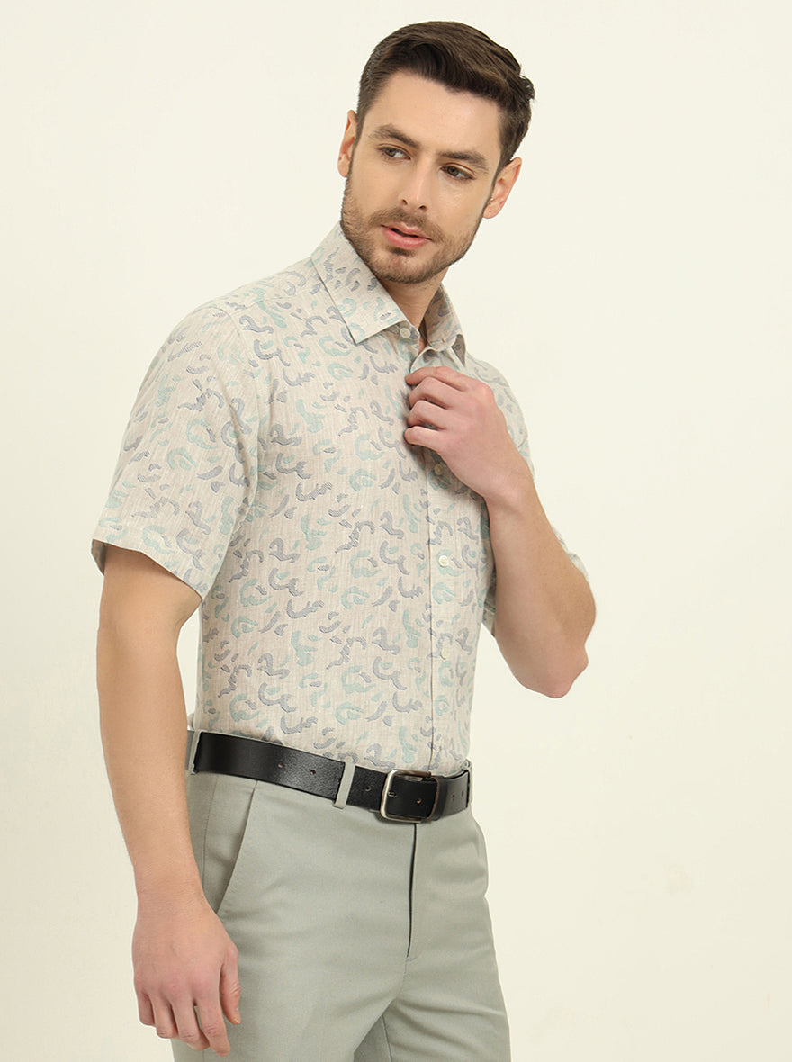 Beige & Green Printed Regular Fit Formal Shirt | JadeBlue