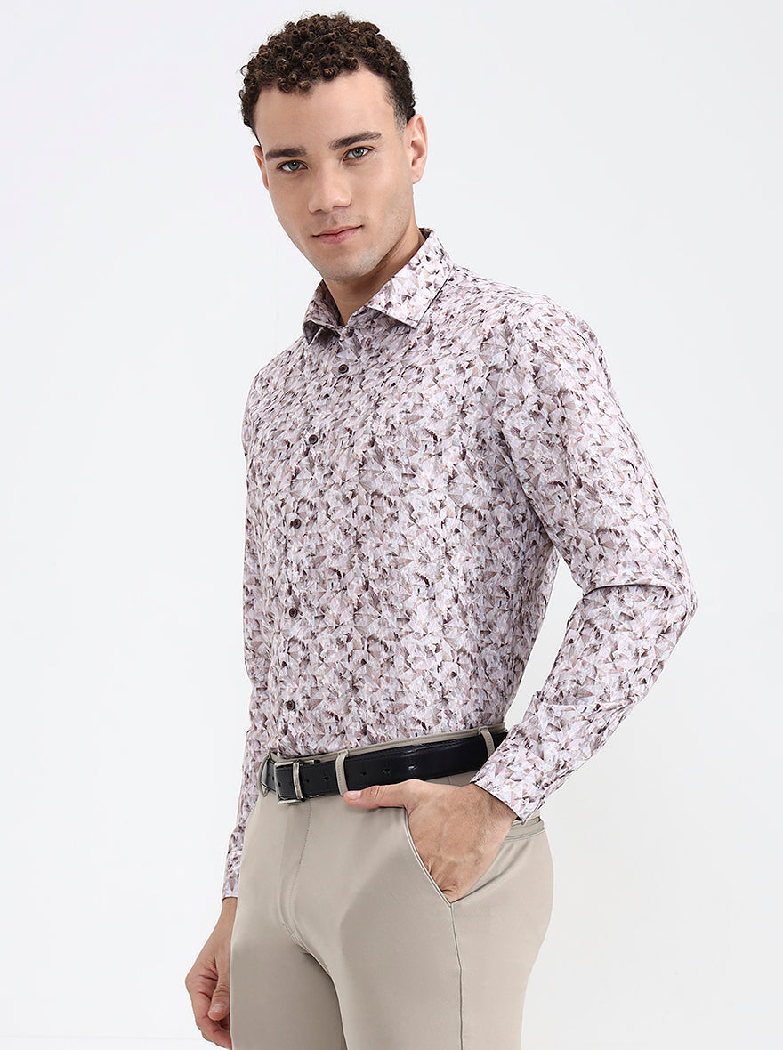 Brown & White Printed Slim Fit Party Wear Shirt | Greenfibre