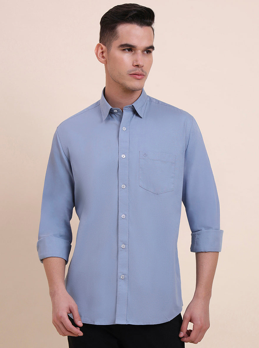 Blue Solid Slim Fit Semi Casual Shirt | Greenfibre