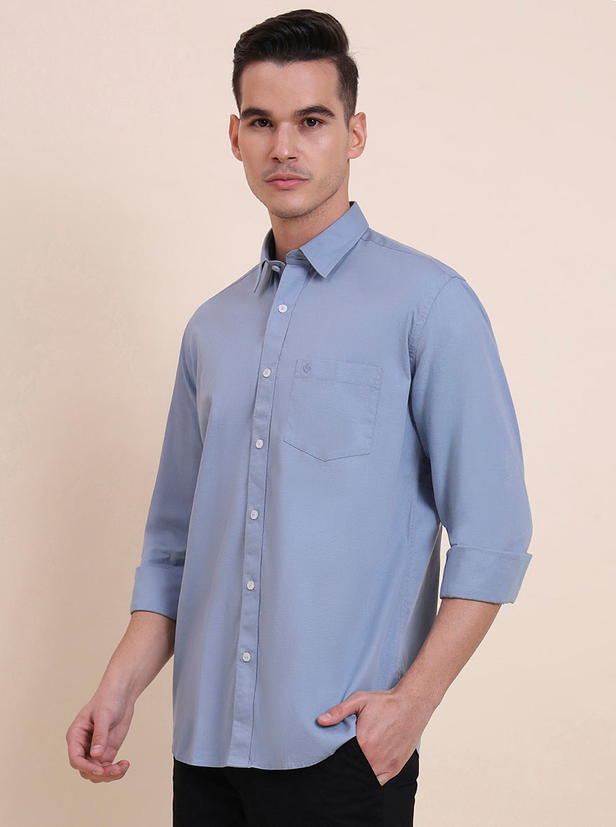 Blue Solid Slim Fit Semi Casual Shirt | Greenfibre