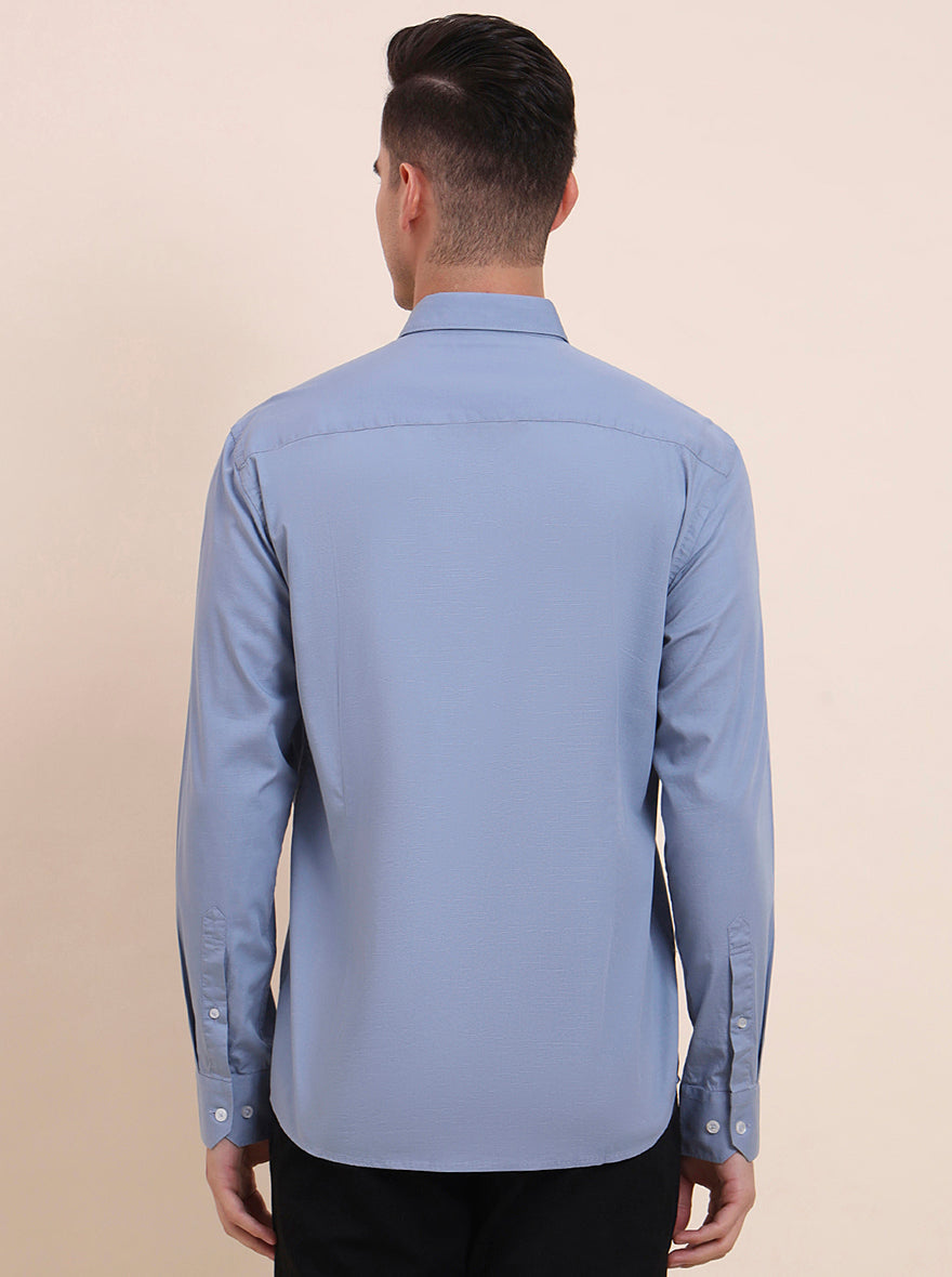 Blue Solid Slim Fit Semi Casual Shirt | Greenfibre