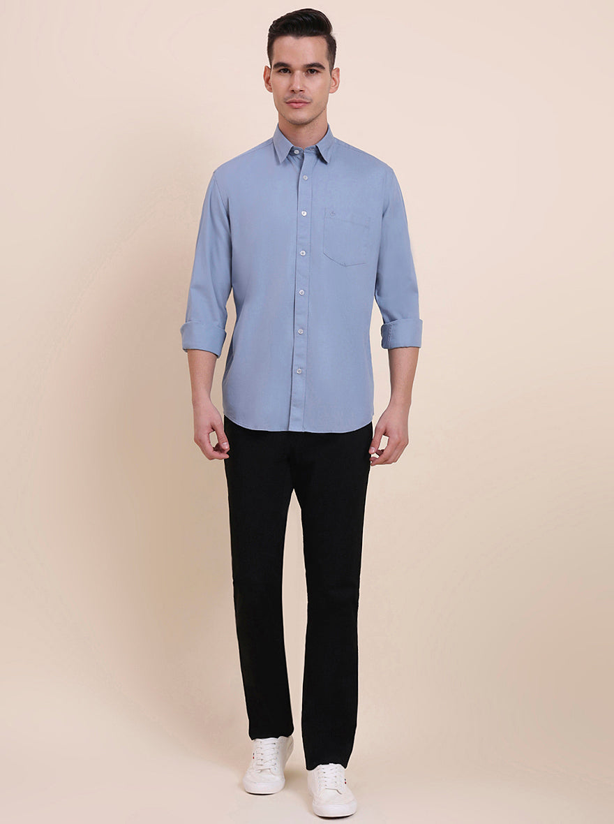 Blue Solid Slim Fit Semi Casual Shirt | Greenfibre