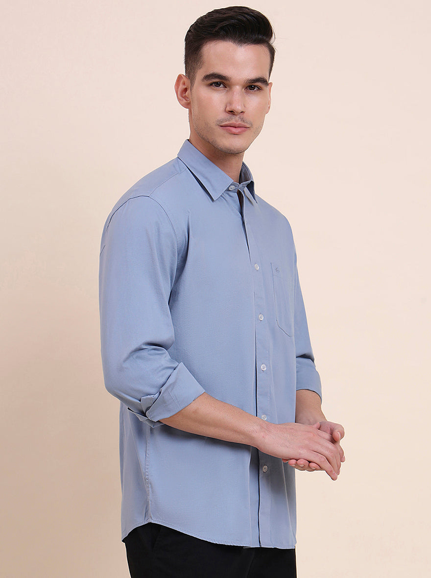 Blue Solid Slim Fit Semi Casual Shirt | Greenfibre