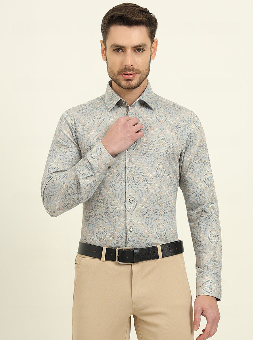 Grey & Blue Printed Slim Fit Party Wear Shirt | Wyre