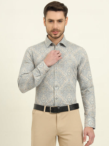 Grey & Blue Printed Slim Fit Party Wear Shirt | Wyre