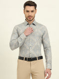 Grey & Blue Printed Slim Fit Party Wear Shirt | Wyre
