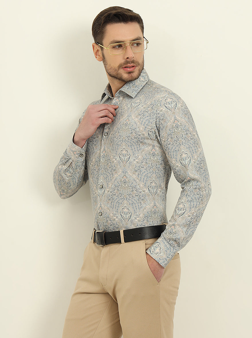 Grey & Blue Printed Slim Fit Party Wear Shirt | Wyre