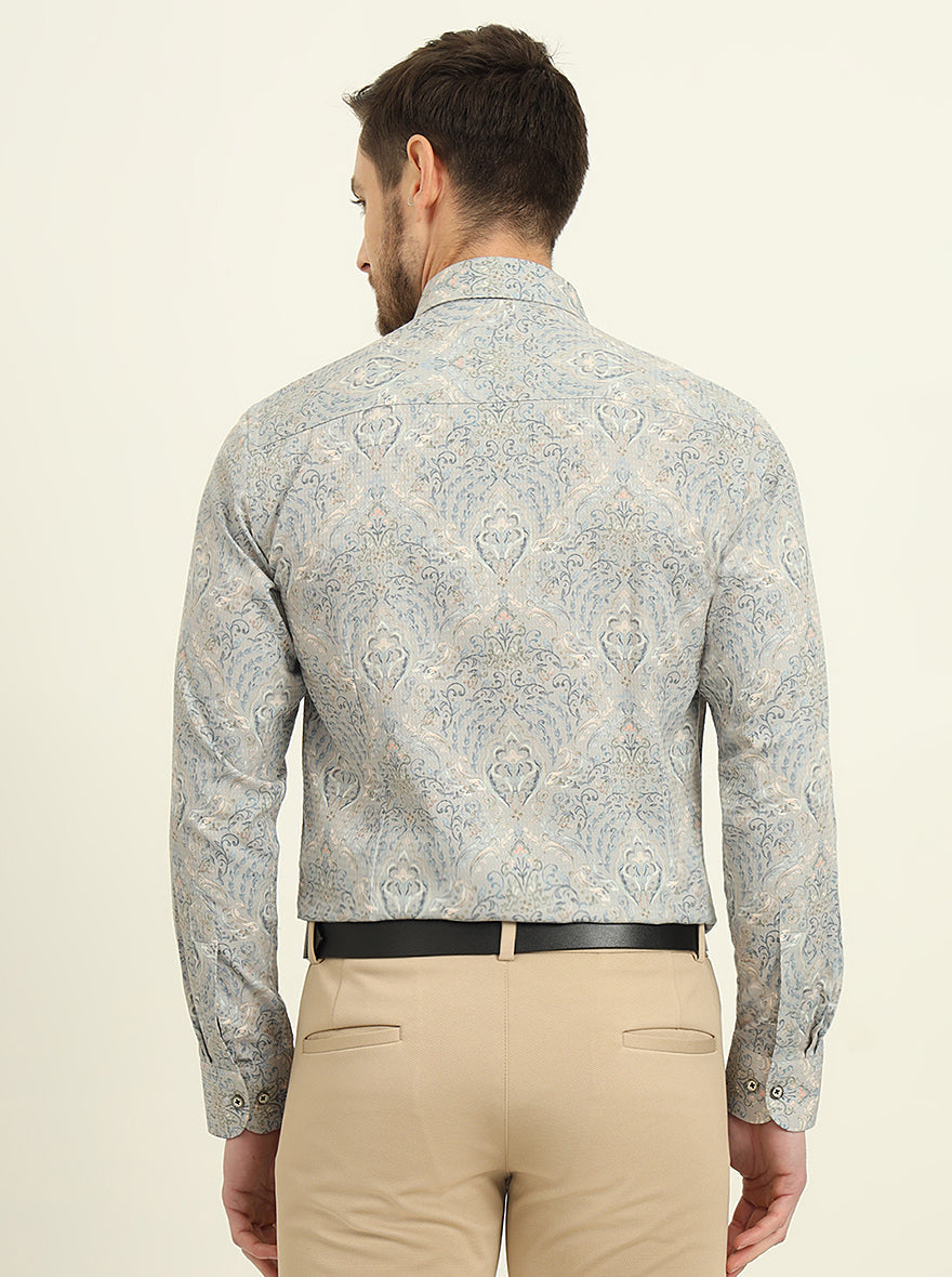 Grey & Blue Printed Slim Fit Party Wear Shirt | Wyre