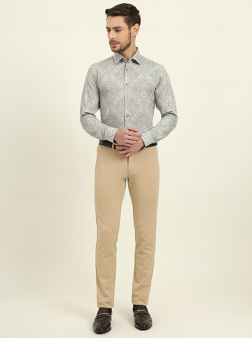 Grey & Blue Printed Slim Fit Party Wear Shirt | Wyre