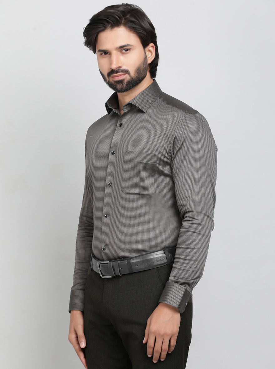 Dark Grey Checked Slim Fit Party Wear Shirt | Greenfibre